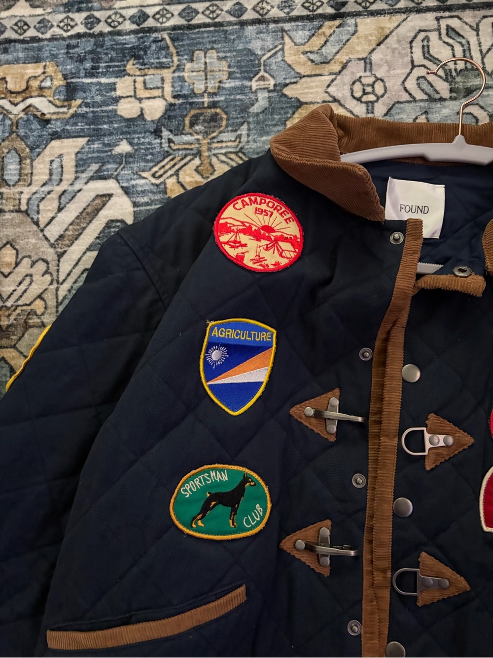Found Quilted Navy Field Jacket with Brown Trim and Patchwork - Picture 5 of 7